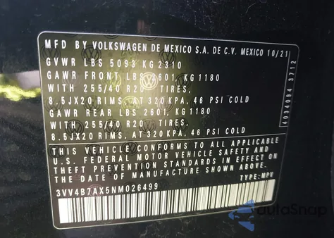 2022 Volkswagen Tiguan 2.0T Sel R-Line z USA, uszkodzony, nr VIN 3VV4B7AX5NM026499